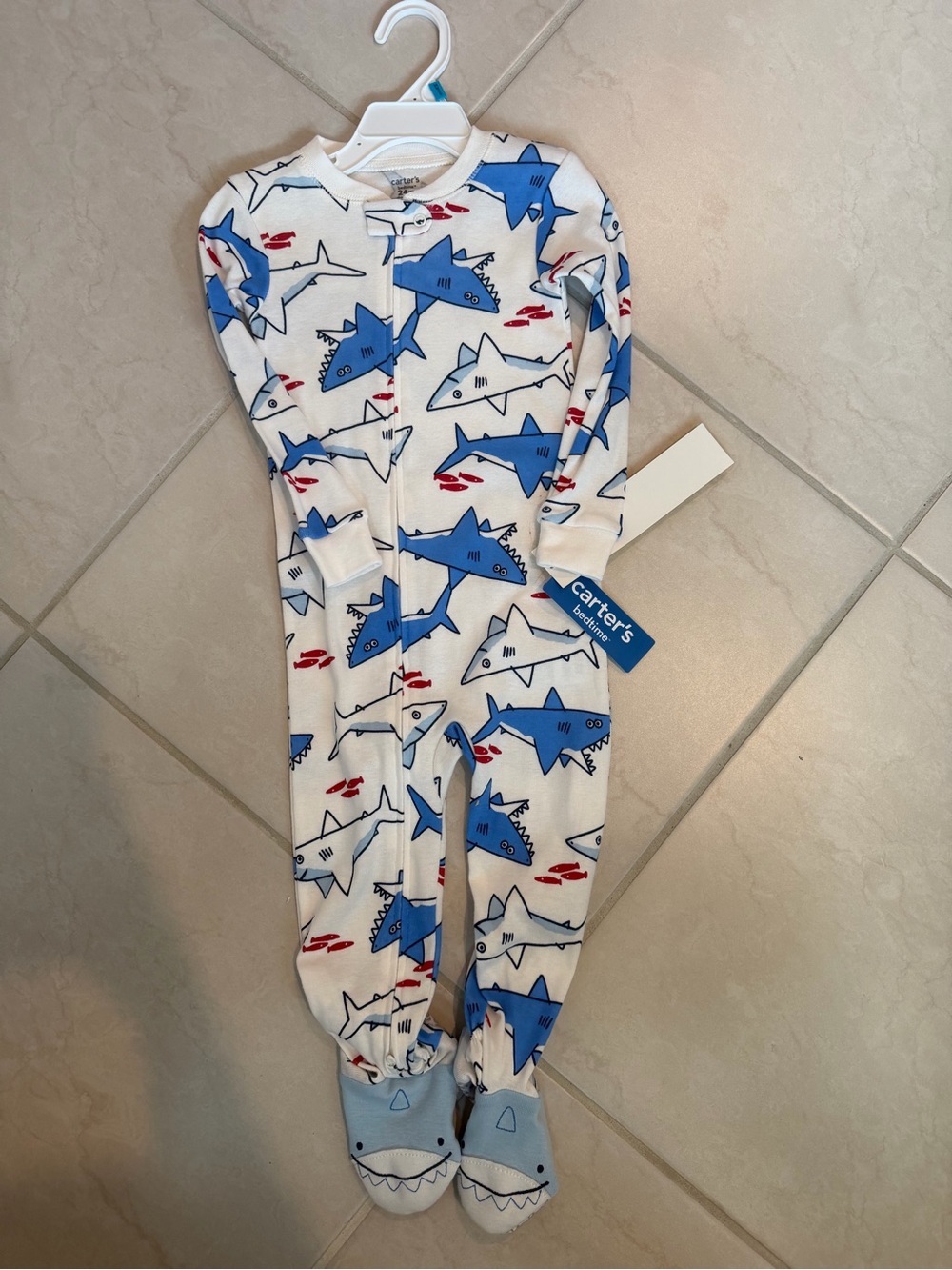 Carter's White Footed Shark-Print One-Piece Pajamas with Blue Accents